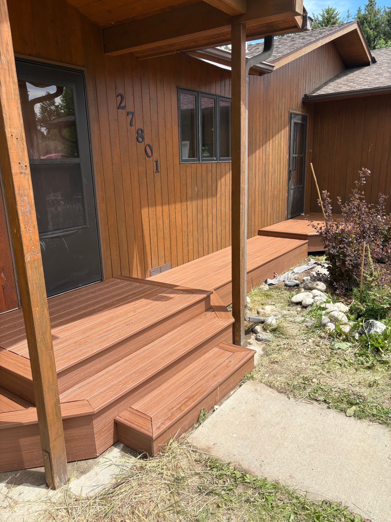 Angled composite front steps and landing