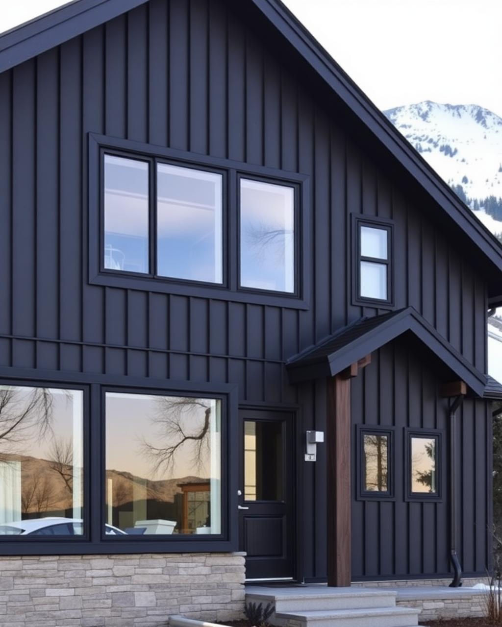Charcoal grey vertical board-and-batten siding on a modern mountain home