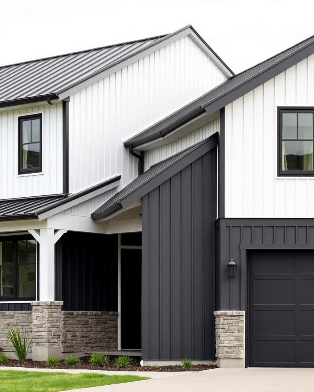 Modern farmhouse two-tone siding with white lap and dark board-and-batten