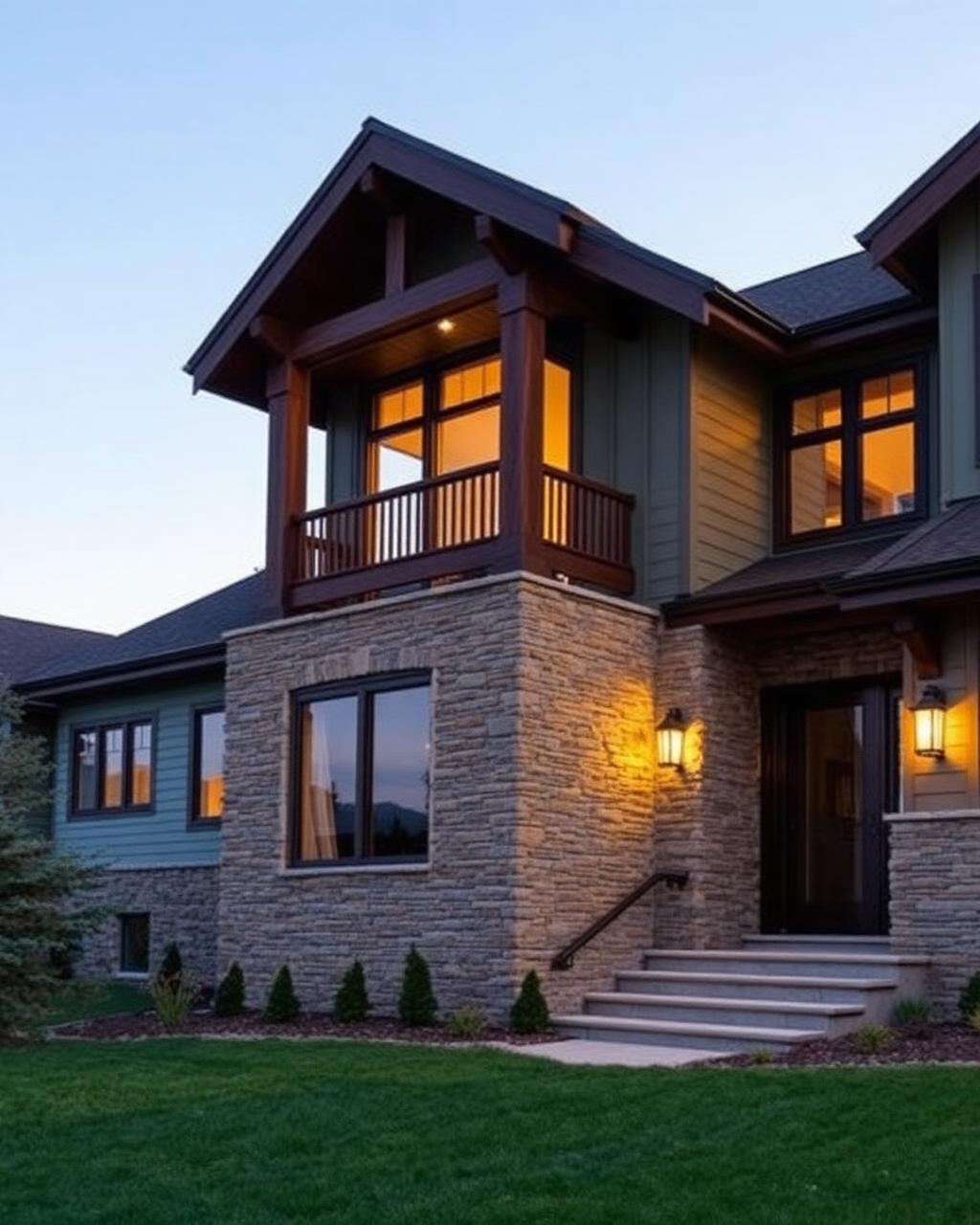 Luxury home with stone and sage green lap siding combination