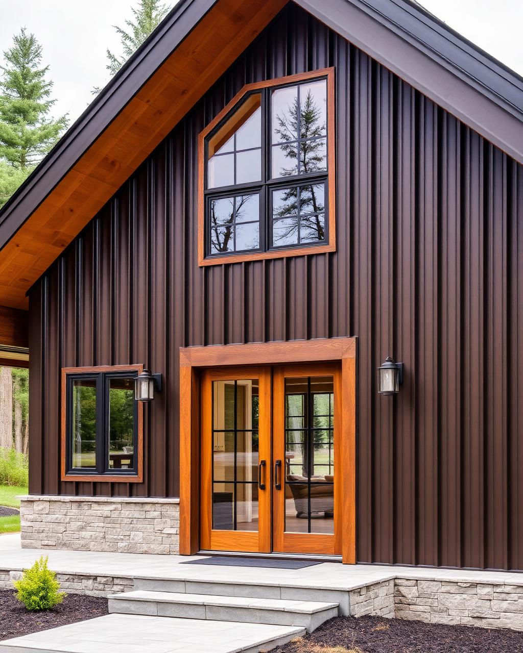 Contemporary cabin with dark bronze vertical metal siding panels