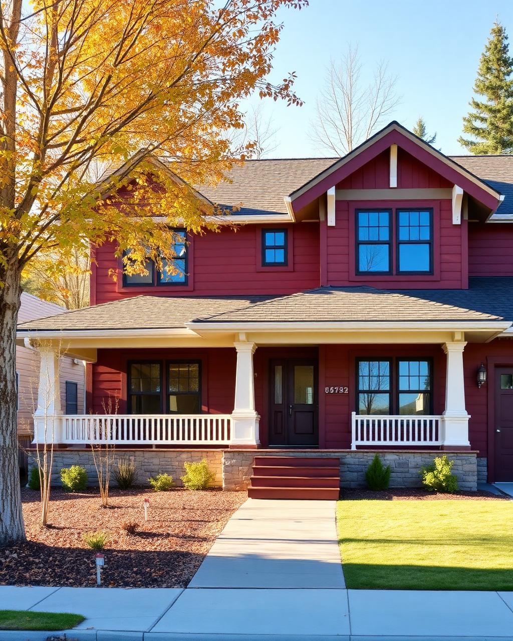 Craftsman home with redwood stained cedar siding and stone foundation