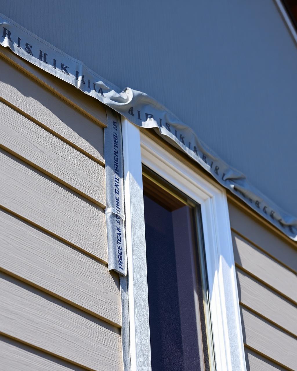 Siding installation in progress with weather barrier and window flashing