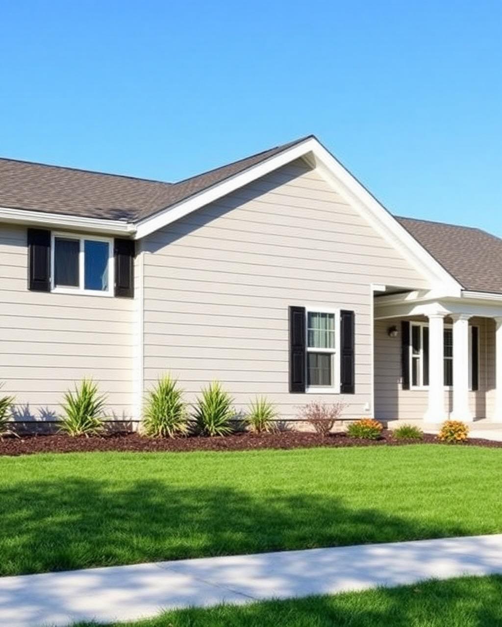 Ranch home with pale grey fiber cement lap siding and black shutters