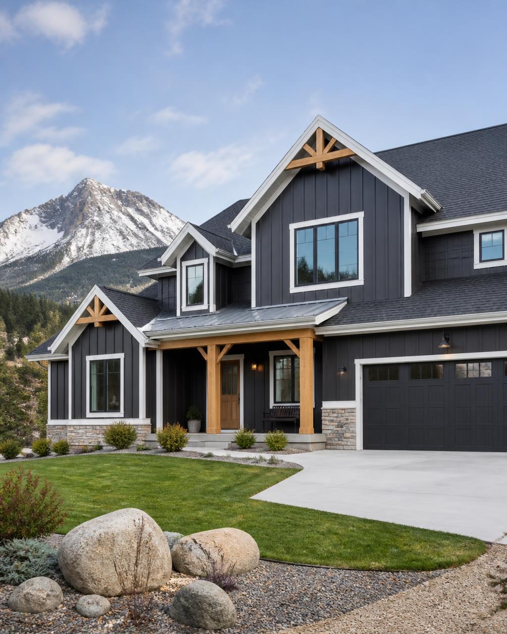 Dark board-and-batten siding with white trim on a Montana home