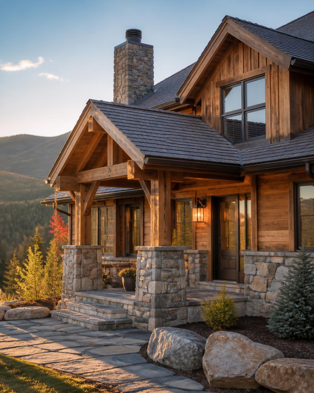Natural cedar siding with stone accent on a mountain home entry