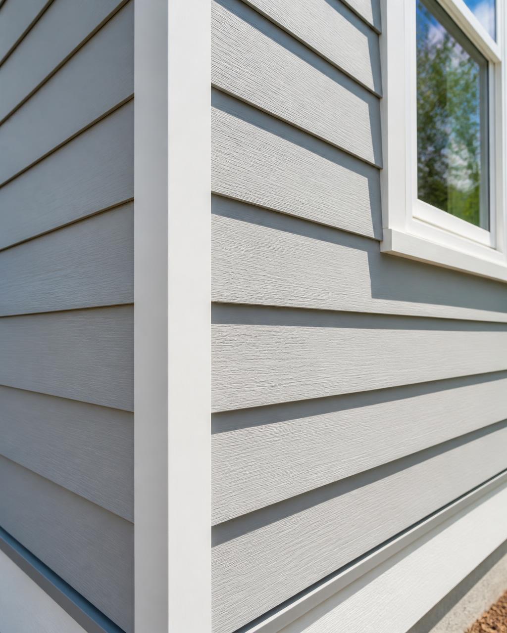 Light gray lap siding with clean corner trim detail
